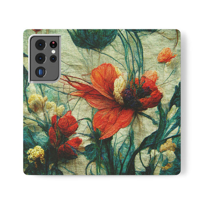 Red Flower Flip Wallet Phone Cases -- with card slots