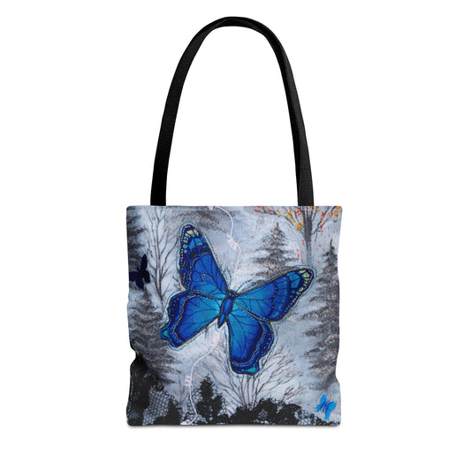 Tote bag with a blue butterfly design on a white background