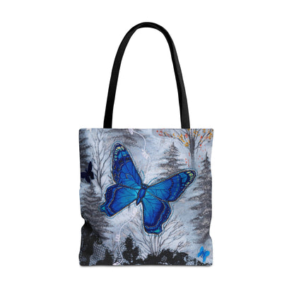 Tote bag with a blue butterfly design on a white background