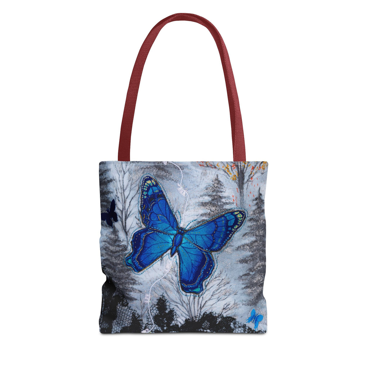 Tote bag with a blue butterfly design and red handle on a white background