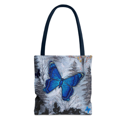 Tote bag with a blue butterfly design and black handle on a white background