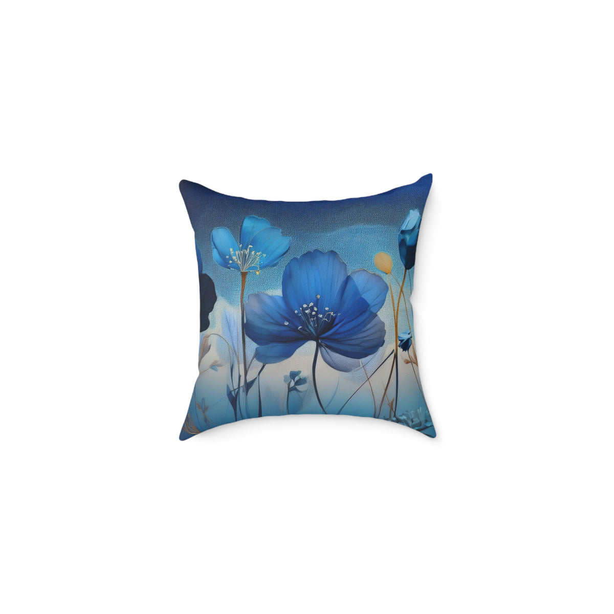 Decorative pillow with blue floral design on a white background