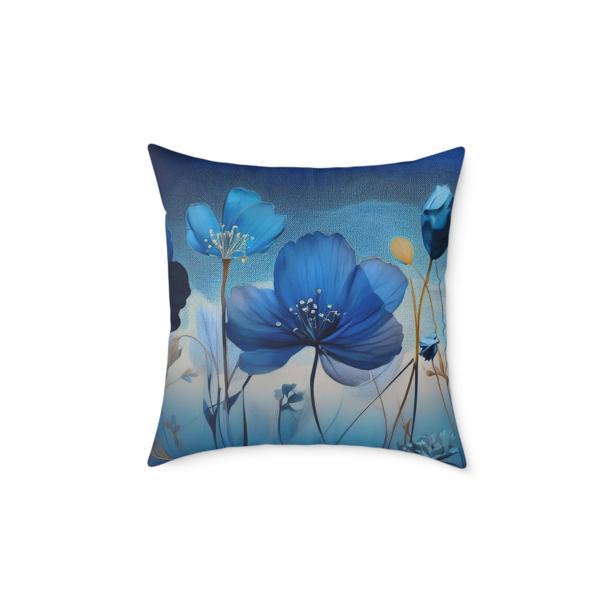 Decorative blue floral design pillow on a white background
