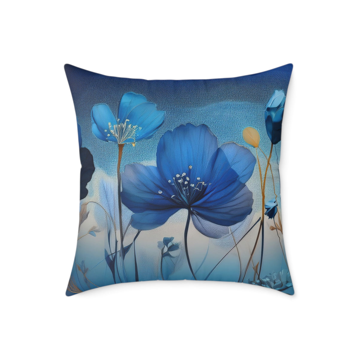 Decorative pillow with blue floral design on a white background