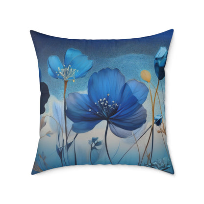 Decorative pillow with blue floral design on a white background