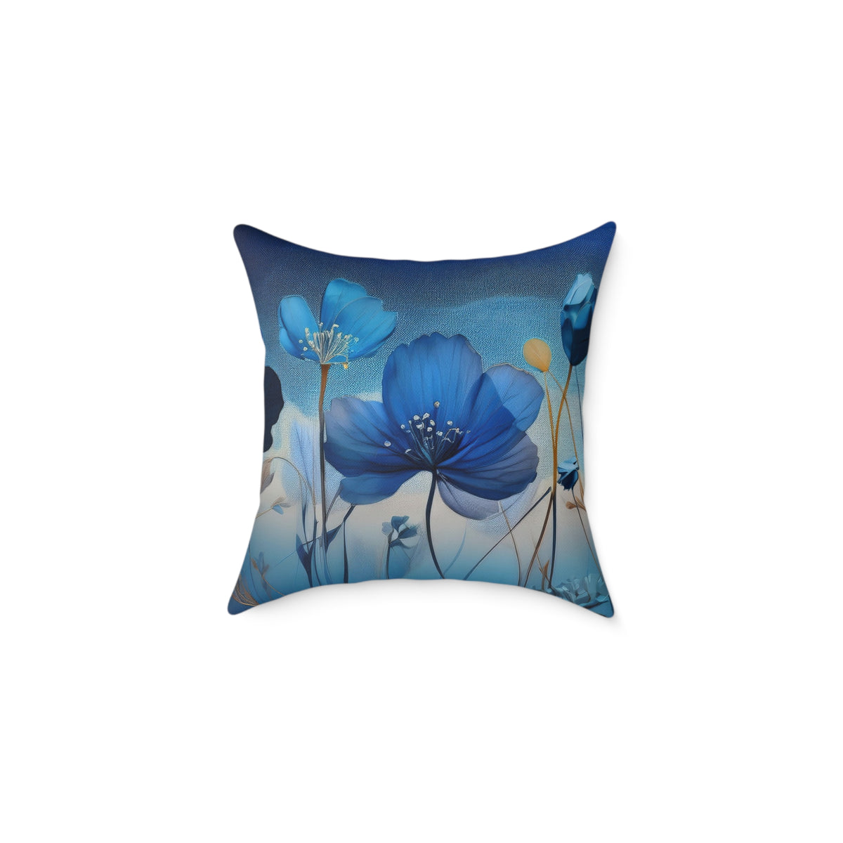Decorative pillow with blue floral design on a white background