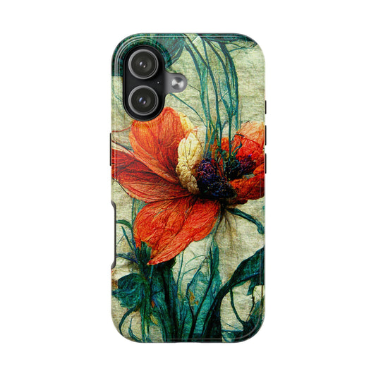 Phone case with vintage botanical design — red poppy flower and green leaves on a light background